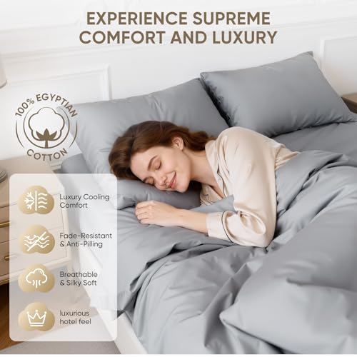 Image of TWK 1200 Thread Count 100% Egyptian Cotton Bed Sheets Set, Heavy-Duty Thickness, Long-Lasting Durability, Pilling Resistant, 18 Inch Max Deep Pockets (Gray, Full)
