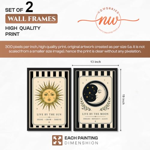 Image of NoWorries Sun & Moon Wall Art Set of 2, Celestial Boho Decor, Vintage Tarot Inspired Prints, Spiritual Wall Decor for Bedroom, Living Room & Meditation Space (Art-16, 13x19inch)