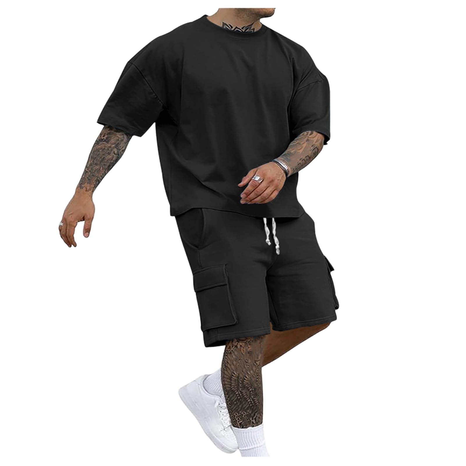 Men's Summer Thin Loose Casual Athletic American T-Shirt Short Sleeve Shorts 2 Piece Outfit