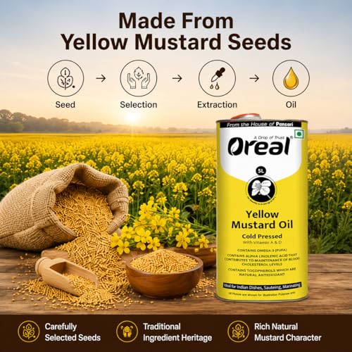 Image of Oreal Yellow mustard 5 Litres can, cold pressed unrefined mustard | Pili sarso cooking Oil (From the House of Pansari)