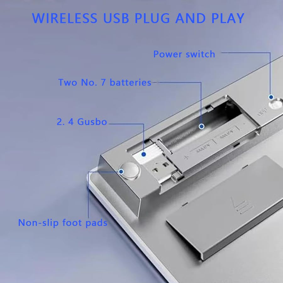 Close-up of the back of the JOMAA K1005 keypad, showing the battery compartment with two AAA batteries and the storage slot for the 2.4G USB receiver.