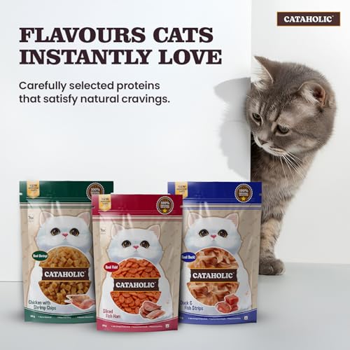 Image of Cataholic Duck & Fish Jerky Strips Cat Treats, High Protein Natural Cat Snacks, Soft Chewy Training Treats for All Cat Breeds, Each 50 g