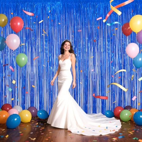 Image of Navy Blue Foil Fringe Backdrop for Party Wall Decorations, Streamer Birthday Photoshoot Background - 3.28 x 6.56ft Tinsel Curtains for Doorway, Baby Shower & Wedding