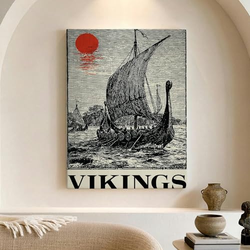 Toile murale abstraite style bateau viking vintage rouge et noir