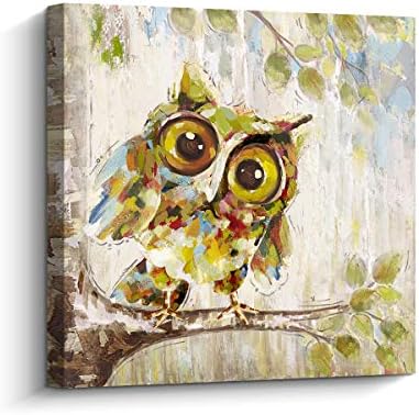 Pigort Curious Owl Painting for Wall, Quirky Cute Owl Picture Canvas Art for Living Room Bedroom Wall Decor, 24 X 24 Inch, Gallery Wrapped