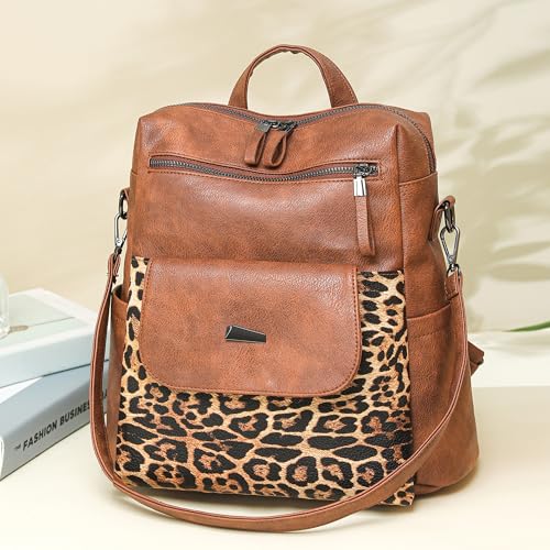 Image of WYFJNX PU Leather Backpack Purse for Women Fashion Multipurpose Design Handbag Ladies Shoulder Bags Travel Backpack Brown with Leopard Print