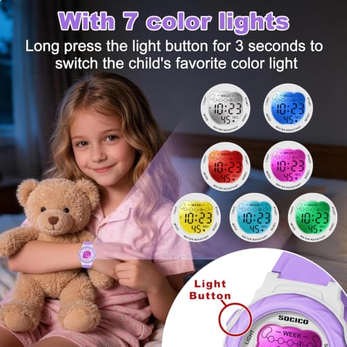 Image of SOCICO Kids Digital Watch 50M Waterproof & 7 Color Lights for Boys Girls