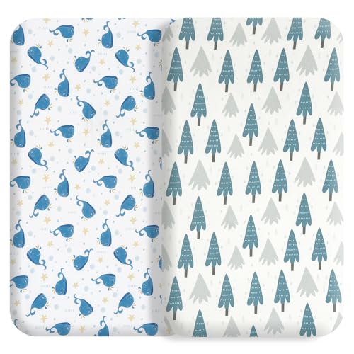 Image of Bassinet Bed Sheet Set 2 Pcs Fits Rectangle Oval Halo Hourglass Mattress Stretchy Bassinet Bed Sheet Soft and Comfy (Bubble Whales & Forests)