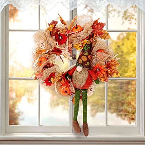 GMOEGEFT Herbstkranz aus Jute, 38,1 cm, Kranz mit Zwerg aus künstlichem Ahornblatt, Kürbis, Sonnenblume, Herbsternte, Erntedankfest, Dekoration für Zuhause, drinnen und draußen (grün) Cover