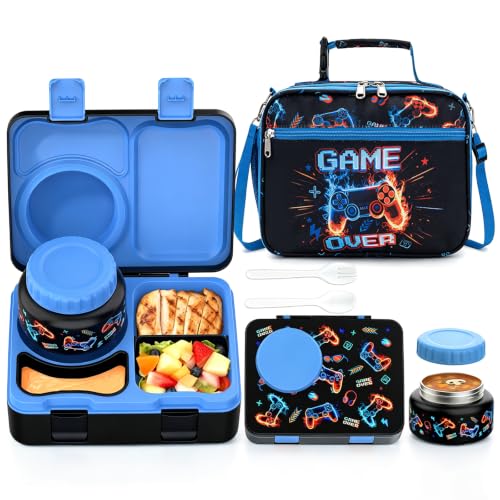 Image of Bento Box for Kids, Leakproof Kids Lunch Box with 8.5OZ Thermo Food Jar & Lunch Bag, 3-4 Compartments Toddler Insulated Lunch Box for Boys, BPA Free Lunch Containers for School Daycare