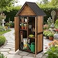 Outdoor Storage Shed with Strong Metal Frame, Garden Shed with Adjustable Shelfs and Waterproof Roof, Wooden Tool House with Floor, for Backyard Garden Patio Lawn, Brown