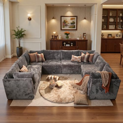 Image of ovios Modular Sectional Sofa Couch with U-Shape Chaise Oversized, Comfy Plush Corduroy Cloud Couches, Modern Luxury Deep Seat Sofas Set for Living Room, 8-Seater, Grey