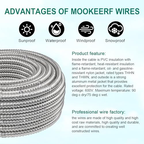 Image of MOOKEERF 12 /3 MC Cable with Ground - 100FT Pure Copper 12AWG /3 Metal Clad Wire with Aluminum Armor 12 Gauge 3 Conductor Type MC Alum Cable