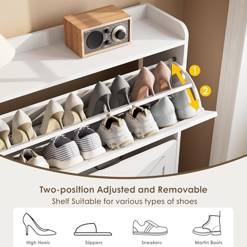 Image of Nicetree Shoe Cabinet with 2 Flip Drawers, Freestanding Shoe Organizer, Shoe Cabinet with Metal Legs, Narrow Shoe Rack Cabinet for Entryway, Foyer, Hallway, White