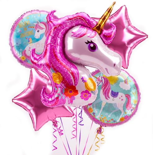 Image of Propsicle Unicorn Theme Pink Foil Balloons Birthday Decoration Kit for Girls, Pack of 5 with Star & Printed Round Balloons for Indoor Outdoor Photo Backdrop Decor