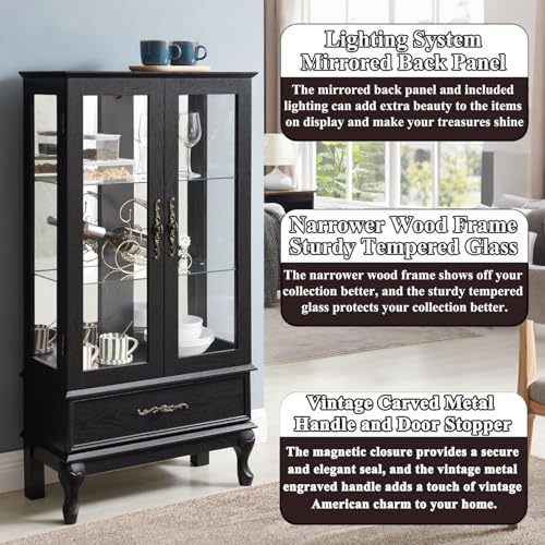 Image of 51 inch H Lighted Wooden Curio Cabinet, Glass Display Case with Tempered Glass Door, Adjustable Shelves, Storage Drawer and Mirrored Back Panel, Decorative Cabinet for Living Room,Office (Black)