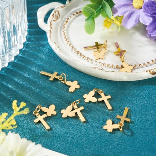 Image of 10Pcs 18K Gold Plated Cross Charms Brass Golden Crucifix with Butterfly Pendants Metal Permant Jewelry Charms with Jump Ring for DIY Bracelets Necklaces Earring Jewelry Making