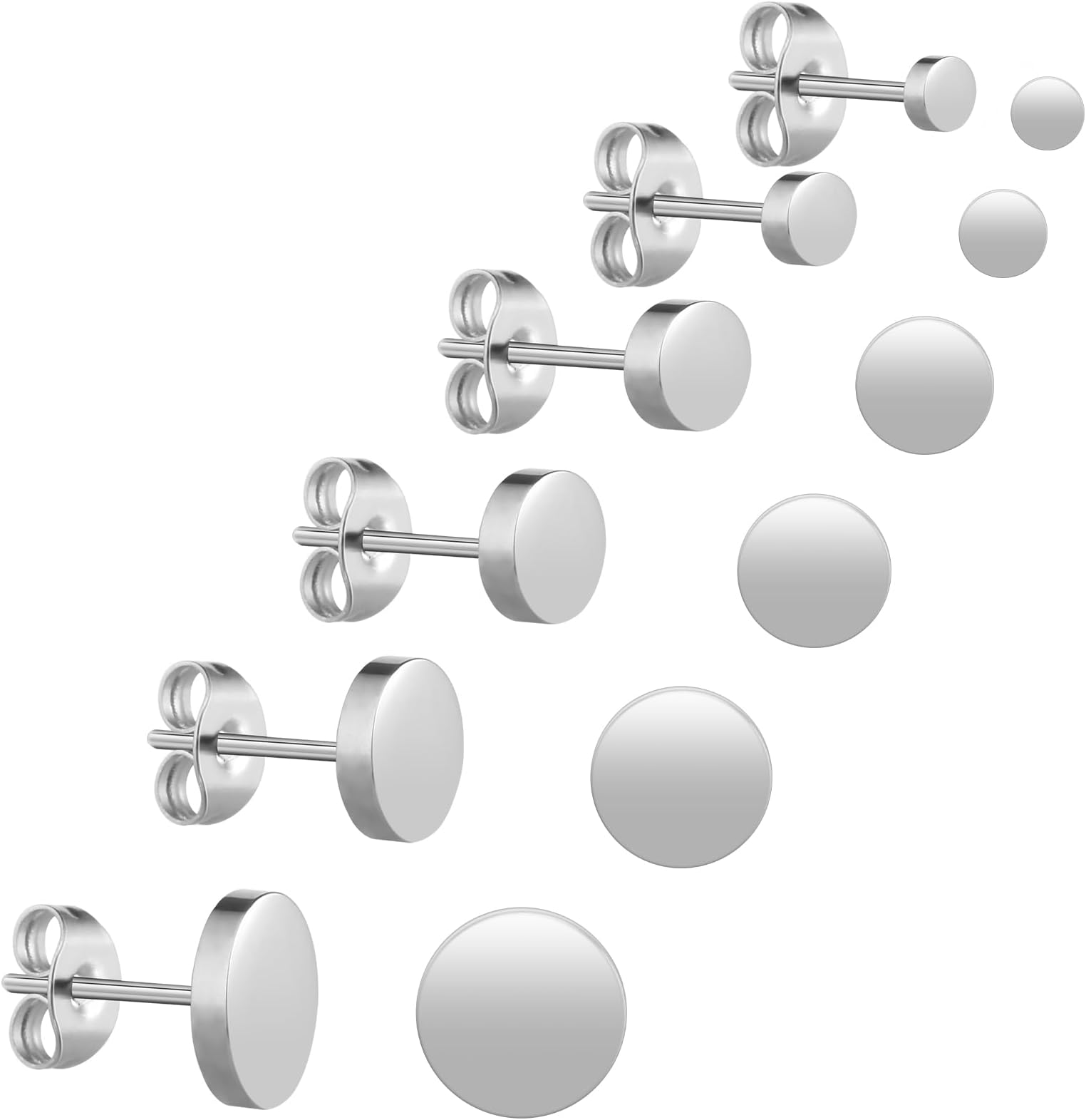 6 Pairs Unisex Stainless Steel Round Ball Earrings - Black Round Flat Top Stud Earrings Set for Women, Men, Girls (3 mm-8 mm)