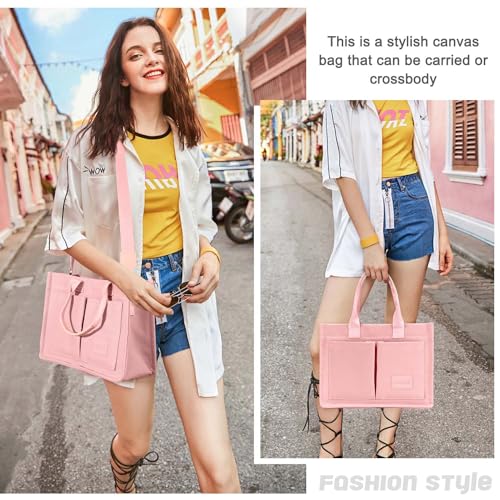 Image of Canvas Tote Bag for Women with Pockets Crossbody Bag Tote Shoulder Handbags Casual Work Bags Everything Tote Bag