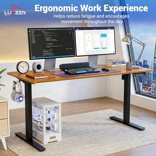 Image of Lukzer Electric Height Adjustable Desk | Dual Motor with Memory Controller Sit-Stand Study Table | Ergonomic Computer Desk for Work from Home | 1 Year Warranty (EST-002 /Black & Oak Brown /140x60 cm)