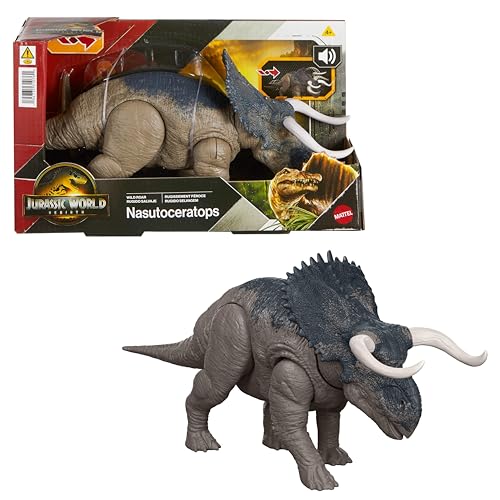 Mattel Jurassic World: Die Wiedergeburt Wild Roar Nasutoceratops Dinosaurierspielzeug mit steuerbarem Beiß-Angriff in mehrere Richtungen und Brüllgeräusch, digitale Spielmöglichkeiten, JGC81