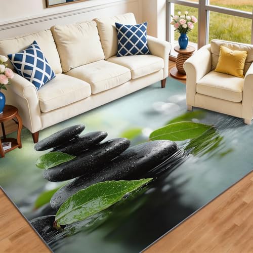 Alfombra 140 x 200 cm Lavable Antideslizante, Diseño Estilo Zen Piedra Agua Y Hierba, Alfombra Suave de Pelo Corto para Salón Dormitorio Meditadores, Negro