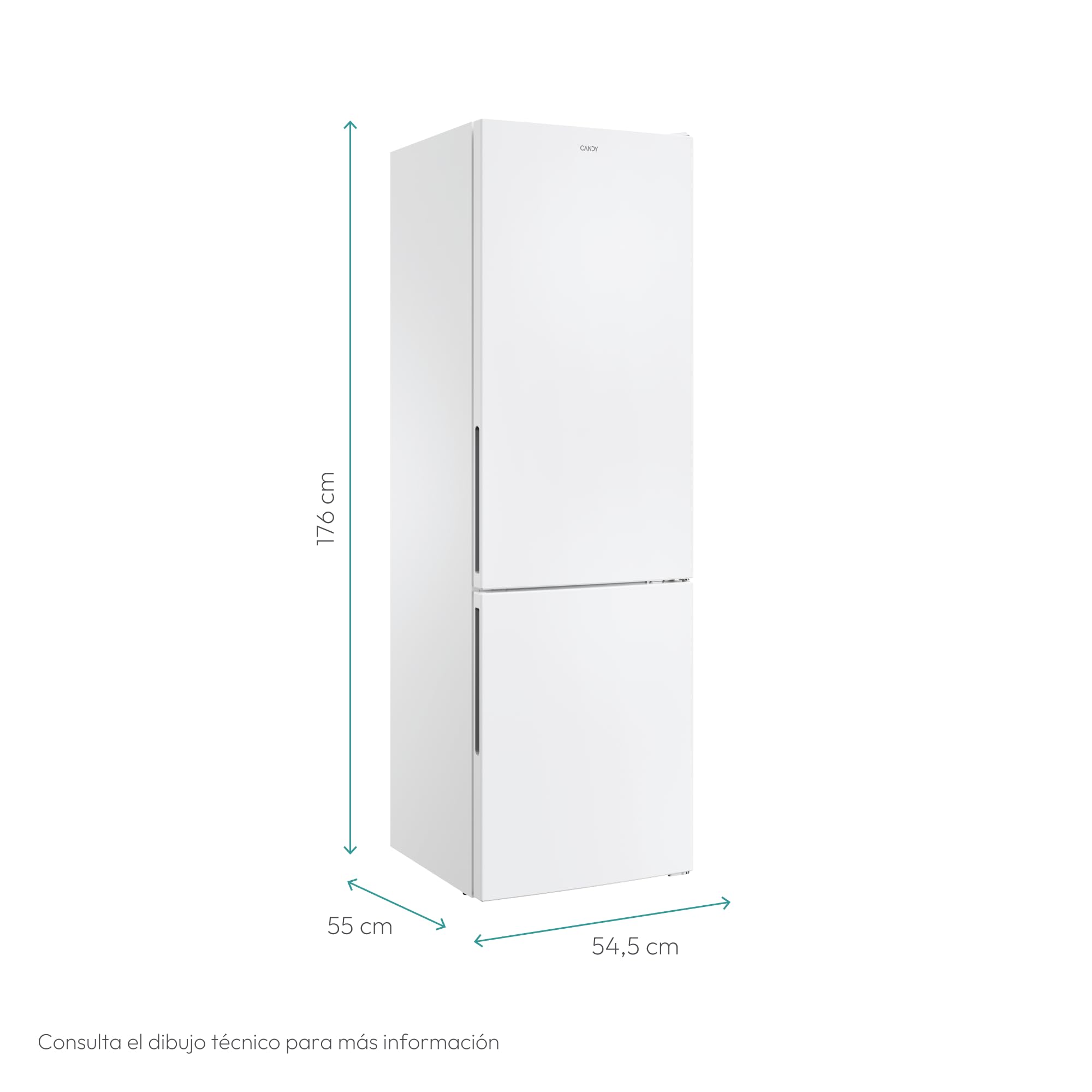 CANDY CCT3L517EW, Frigorífico Combi, 55CM, Altura 1,77m, 260L, Low Frost, Función SuperCool, Cajón Verdulero, Control electrónico interno, LED, Puertas Reversibles, 39DB, Clase E, Blanco