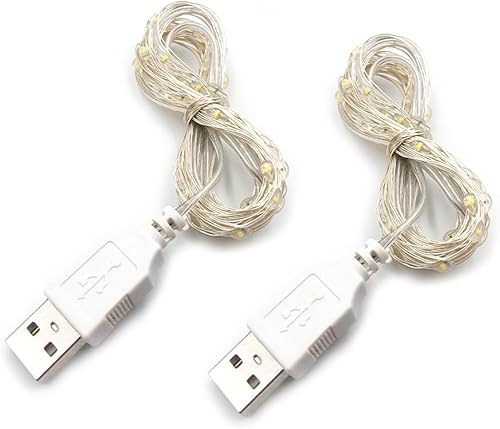 BQZYX+ Paquete de 2 guirnaldas de luces USB alimentadas por USB, color amarillo cálido, 16.4 ft, 50 cuentas de lámpara LED, luces de Navidad, cadena