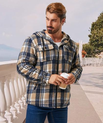 Image of Mens Plaid Hoodies Winter Zip Up Fleece Jacket Sherpa Fleece Lined Warm Flannel Jacket Coat