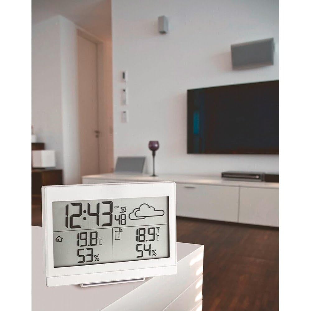 TFA Dostmann Station météo numérique CASA, 35.1135.02, capteur san fil, prévisions météo, température extérieure et intérieure, humidité, avec horloge radio-pilotée, blanc