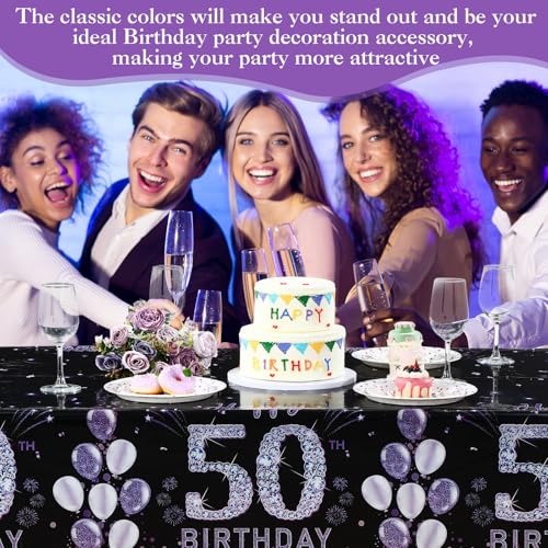 Image of Ganeen 3 Pack 50th Birthday Tablecloth Purple Black Happy 50th Birthday Decorations Disposable Plastic Rectangular Table Cover for Party Supplies Women Men, 108 x 54 Inch
