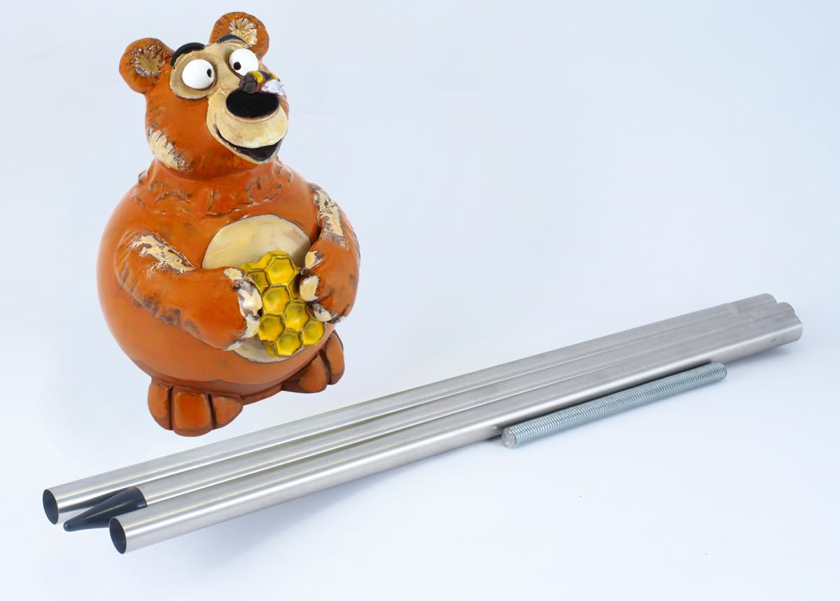 Gartenstecker Keramik Handgefertigt - Gartendeko für Draußen Wetterfest - Garten Deko Keramik - Gartenfiguren & Gartenstatuen - Teddybär mit Honigtopf