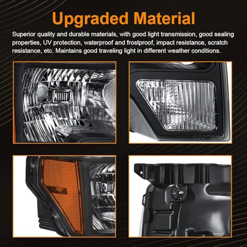 Image of Headlight Assembly for Ford F150 2009-2014 Driver Left & Passenger Right Side Replacement Black Housing Amber Reflector