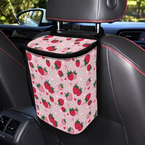 Image of KEIAHUAN Pink Strawberry Car Trash Can Hanging Cute Detachable Garbage Bag for Back Seat Foldable Multipurpose Trash Bin Container Storage Suitable for Sedans, SUVs, Vans