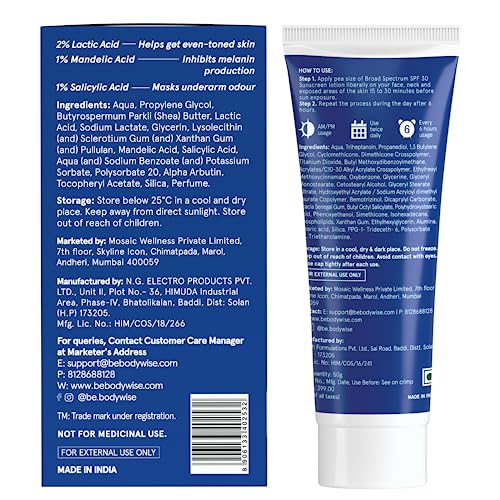 Image of Be Bodywise Sunscreen Cream Spf 30 & Underarm Roll On 50Ml|1% W /W Salicylic Acid, 1% Mandelic Acid, 2% Lactic Acid|Ultra Lightweight, No White Cast|Prevents Odor, Fades Pigmentation All Skin Type