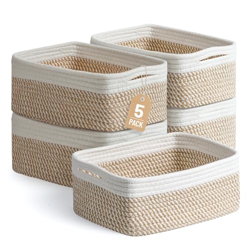 5 Pack Small Woven Storage Baskets for Shelves Cotton Rope Baskets Organizer for Bathroom Closet & Nursery Decorative Storage Bins for Organizing Socks Toys 11.8x7.9x4.7 Khaki/White