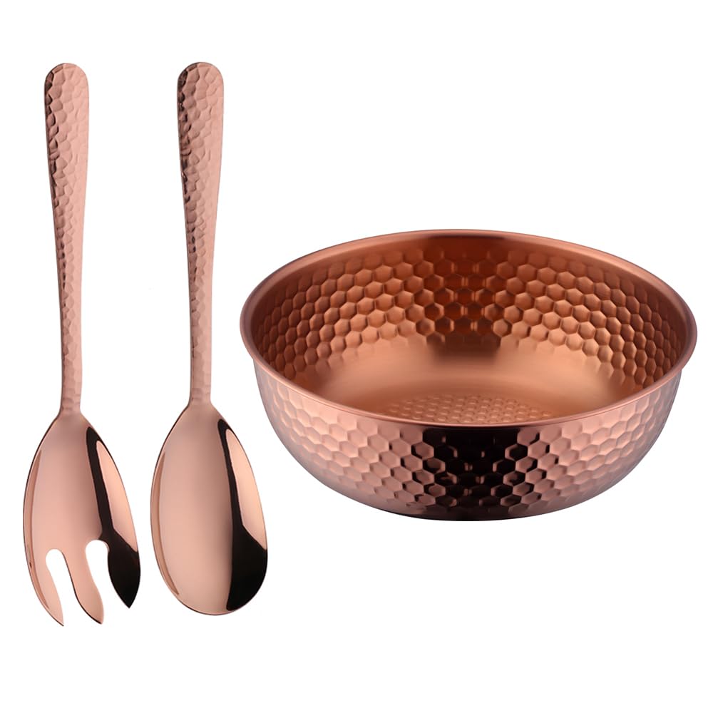 Stainless Steel 80 oz Large Salad Bowl sets with Serving Utensils 12 Inch Salad Spoon and Fork Serving set, Fruit Salad Mixing Bowl Server set of 3,