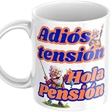 Quodelo Taza Jubilacion - Regalos Originales para Jubilados - Cerámica Calidad AAA 350 ml - Resistente a Microondas y Lavavajillas - Diseño Divertido Pesca Adiós Tensión Hola Pensión