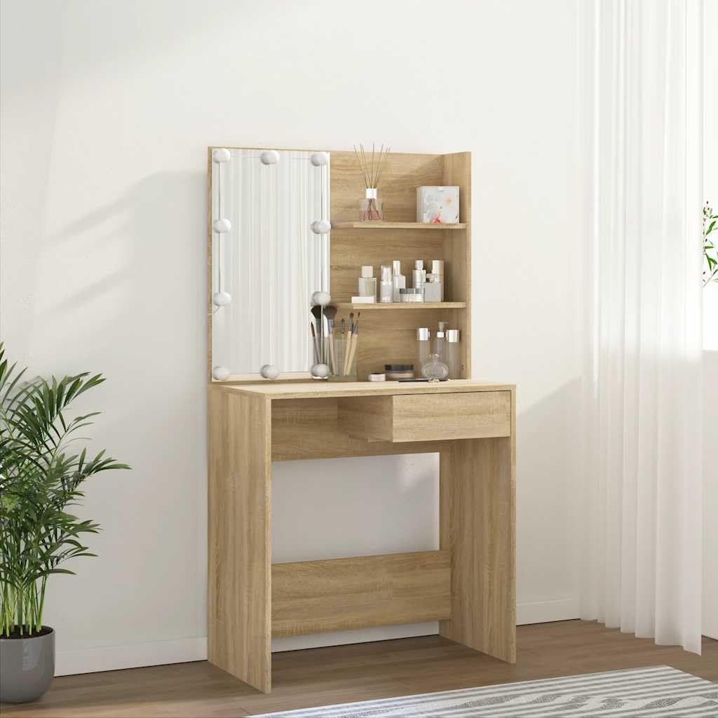 Toaletka z diodami LED dąb Sonoma 74,5 x 40 x 141 cm, materiał drewnopochodny z szufladą i półkami, toaletka z lustrem, oświetlenie LED, miejsce do przechowywania do sypialni i łazienki