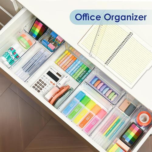 Image of UCRAVO 5Pcs Clear Plastic Drawer Organizers Set, Clear Drawer Organizers & Storage Bins for Makeup /Jewelry Vanity, Kitchen Or Office Desk. Bathroom