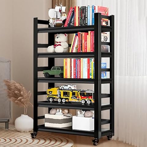 5 Tiers Book Shelves, Office Shelf Organizer, Heavy Duty Book Shelving, Adjustable Bookshelf, Freestanding Book Shelves, Book Shelves for Living Room, Black Bookshelves (32"W*15.7"D*63"H(with wheels)) Cover