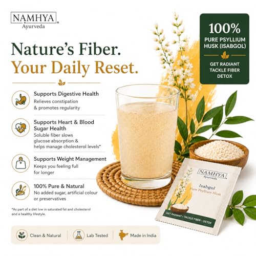 Image of Namhya Isabgol Powder for Gut Cleanse| Psyllium Husk Fiber for Constipation Relief, Digestion, Bowel Movement & Colon Cleanse | Natural Isabgol for Detox, Weight Management | 30 Sachets 4g each