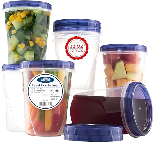 Freezer Soup Food Storage Containers With Screw On lids [32 Oz - 10 Pack] Reusable Plastic Food Freezer Safe Container