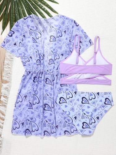 Image of Girl's 3 Piece Bikini Set Hear Print Criss Cross Swimwear Bathing Suit Swimsuit with Kimono Cover Up Purple 12-13Y
