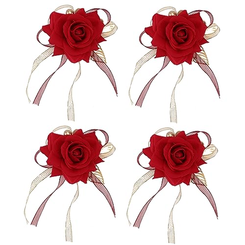 Broche de rose fleur mariage artificielle : kit 4 pièces pour boutonnière cortège