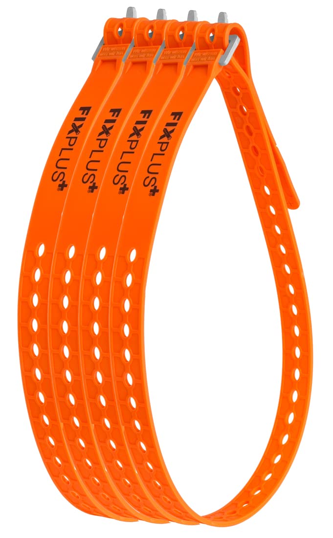 Fixplus Strap Paquete de 4 - Correa de sujeción para asegurar, Sujetar, agrupar y trincar, a Base de Material plástico Especial con Hebilla de Aluminio 86cm x 2,4cm (Naranja)