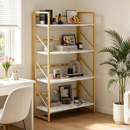 Image of JSB 4 Tier No Assembly Folding Bookshelf, Foldable Storage Bookcase for Home Office, Space-Saving Storage Shelf for Living Room, Bedroom, Office (White&Gold)