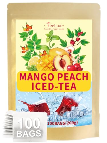 Image of TeeLux Mango Peach Herbal Iced Tea Bags, Caffeine Free, Cold Brew, 100 ct | Hibiscus Tea with Rosehips, Stevia & Lemon Balm, Mango & Peach Flavors, Tart-Sweet Taste, No Boiling Required, Hot or Cold