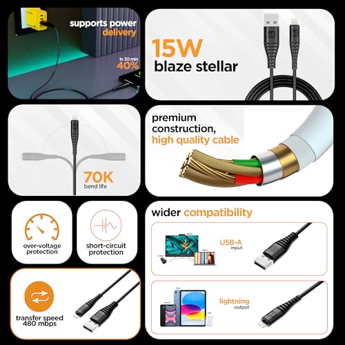 Image of Dubstep Blaze Stellar 15W USB-A to Lightning Fast Data Charging Cable with Over 60K bend life, 70K insertion tested, Powerblitz technology, Overheat Protection (Black)