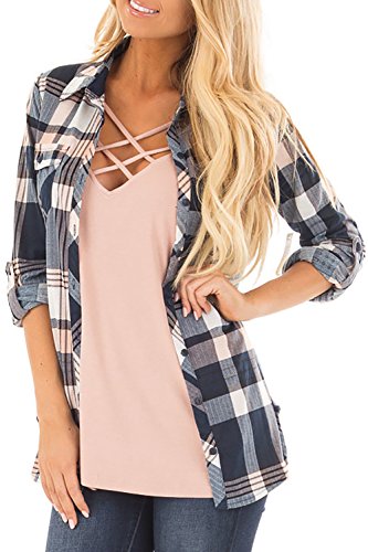 NUOREEL Womens Casual Plaid Soft Button Down Tops Roll Up Long Sleeve Cuffed Blouse Shirts (Navy Blush, Medium)